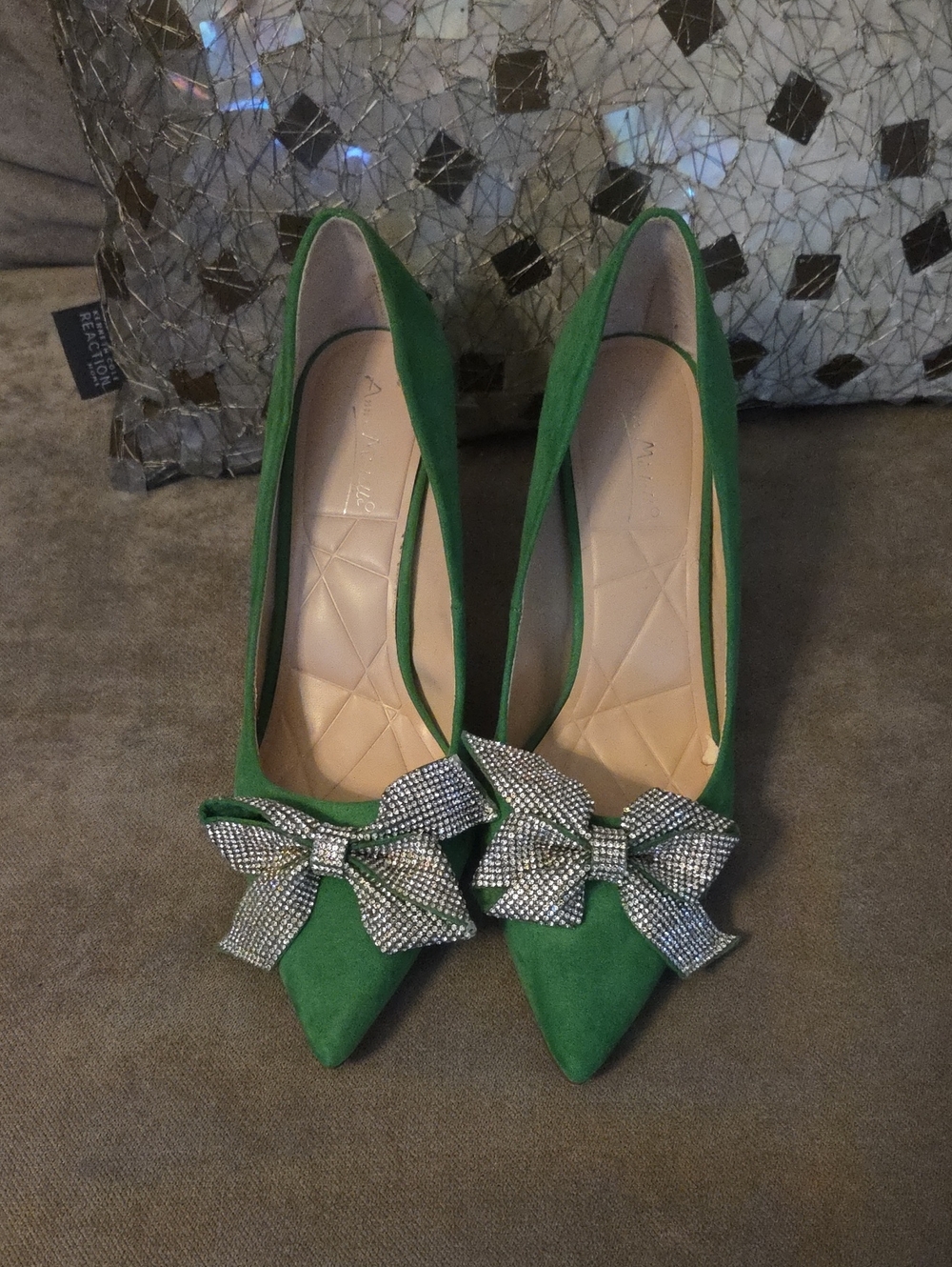 Green Suede Pointed-Toe Pumps with Crystal Bow